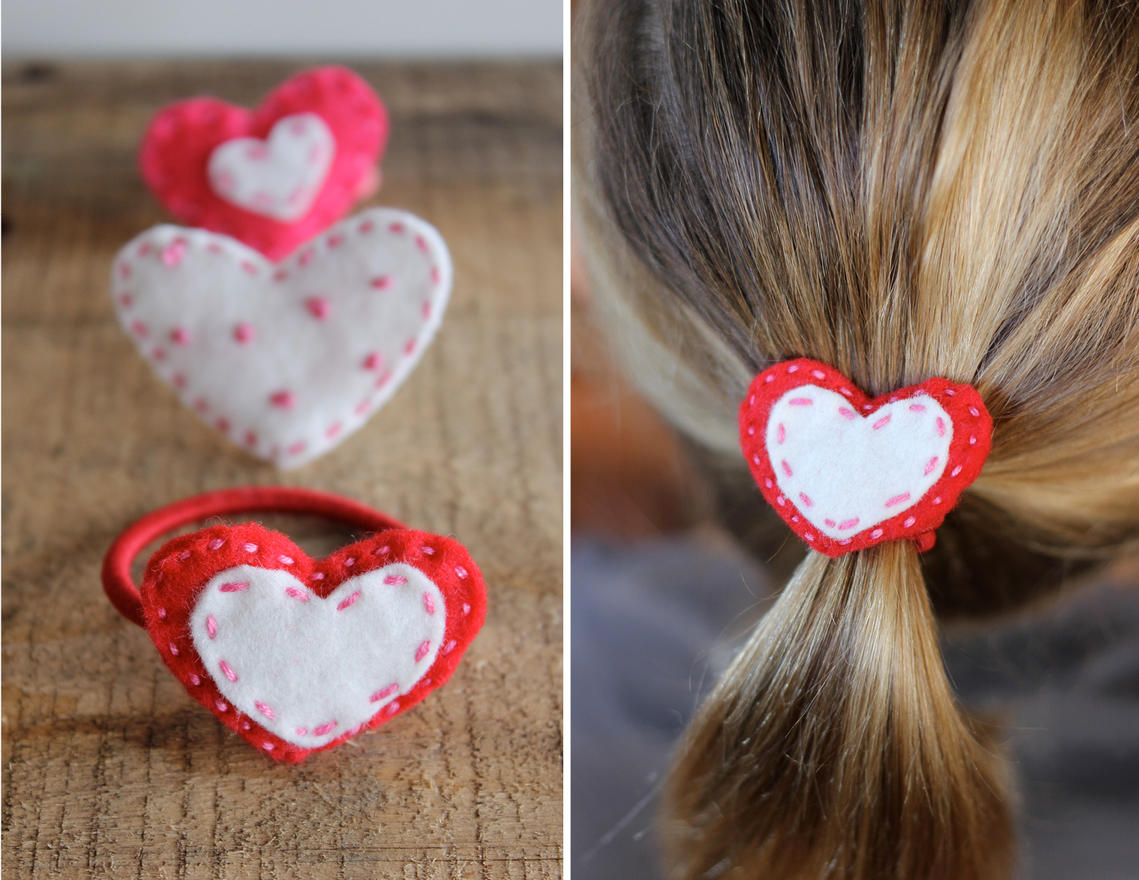 DIY valentine ponytail holder on aliceandlois.com